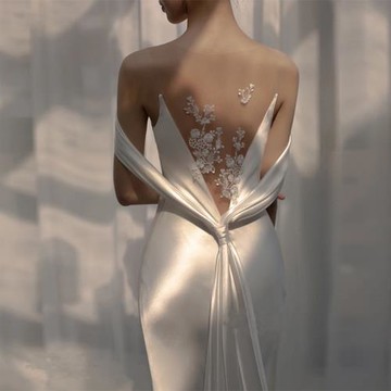 法式輕婚紗2024新款新娘簡約露背魚尾緞面一字肩迎賓出門禮服旅拍