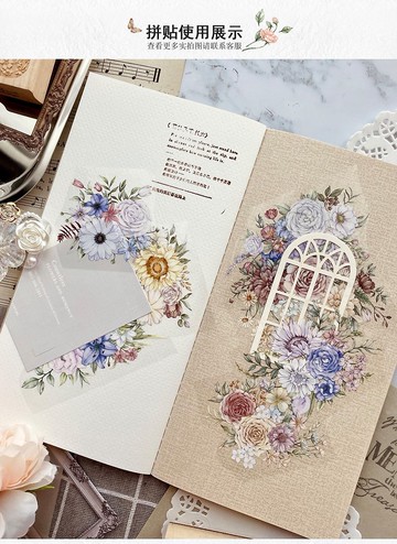 繁花 - 手帳紙膠帶和紙 PET 白墨復古 DIY 花卉花朵裝飾素材