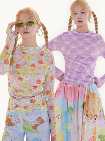 展示品｜兩色手繪花紋格紋壓皺網紗打底衫，適合層層疊搭