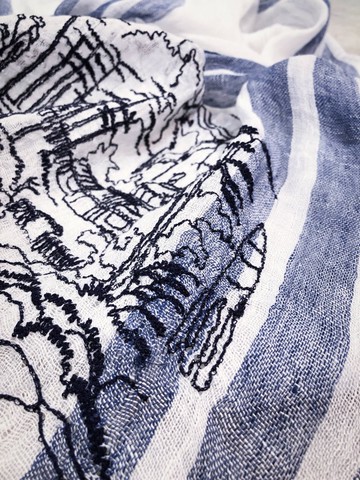 原創迷路太空人線條畫綉花全痳圍巾