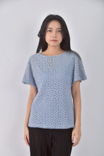 (S) cynthia rowley質感棉質圓領小花藍色短袖上衣