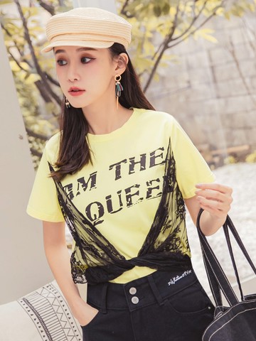 蕾絲交錯綁帶字母短袖T恤上衣