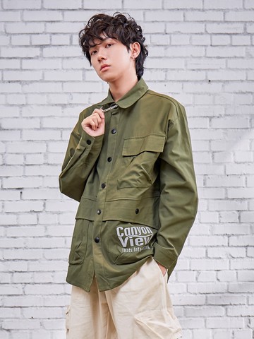 皇冠英文工裝口袋長袖襯衫