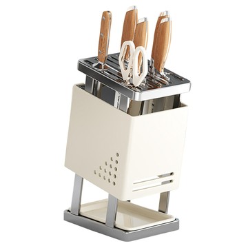 Kitchora 不鏽鋼多槽通用型廚房菜刀架 無需鑽孔 附滴水盤  奶白色  1個  27 x 15 x 15cm