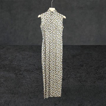 二手 咖啡灰綠色碎花 古董訂製 薄無袖旗袍 CA0803