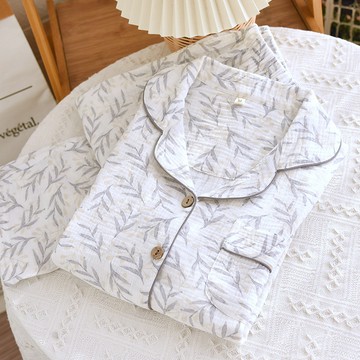 田園白色女生睡衣長袖長褲套裝 春夏薄款 100%純棉長袖女睡衣居家服 大尺碼縐布紗布寬鬆小外套家居服