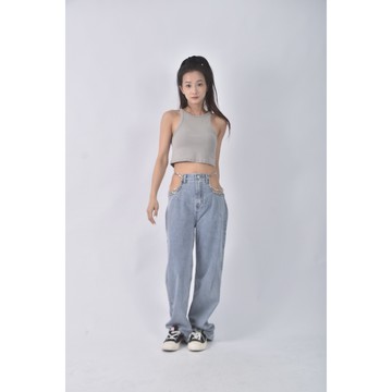 (S) 【安于晴Charlene私服】高腰丹寧牛仔質感鍊條藍色長褲二手衣