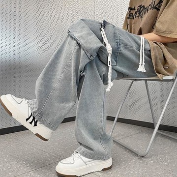 牛仔褲男寬松闊腿秋季潮牌高街男款設計感春秋直筒工裝休閑長褲子