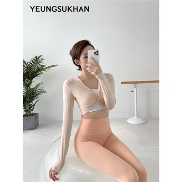 YEUNGSUKHAN/扭結短款罩衫 韓系瑜伽上衣女 露臍舞蹈護肩健身長袖