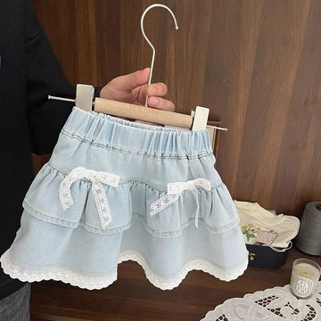 ❤️AL❤️ 女童裙子 兒童半身裙 女童洋裝 女寶寶蕾絲花邊蝴蝶結牛仔短裙女童春夏季女嬰兒洋氣蛋糕半身裙子