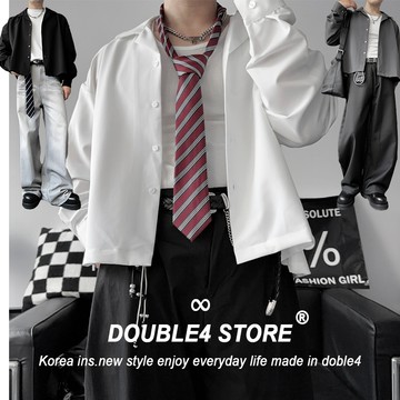 【DOUBLE4】BOXY 短寬版長袖襯衫 素面 古巴領 挺版 滑面 抗皺 短版襯衫 T01