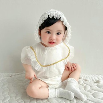 嬰幼兒短袖哈衣高端韓國童裝夏裝新款泡泡袖爬服女寶連體衣公主