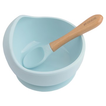 glitter&SPICE 食品級矽膠 天然木柄 耐高溫耐冷 美國FDA認證  冰藍色  餐碗1入 + 湯匙1入  1組