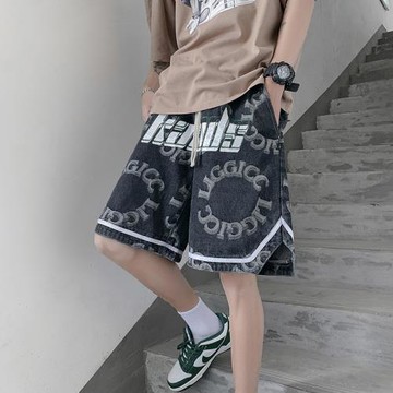 牛仔短褲男美式復古印花高街褲子夏季潮牌寬松直筒中褲休閑五分褲