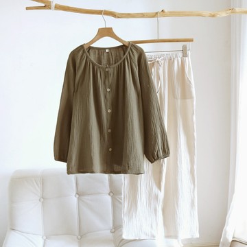 【現貨】100%純棉春季女生長袖睡衣居家服套裝 雙層縐布休閒透氣寬鬆圓領睡衣春秋夏季薄款家居服套裝