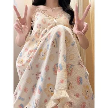 黃油餅餅睡裙女夏季云朵棉吊帶胸墊薄款睡衣中長款夏天少女家居服