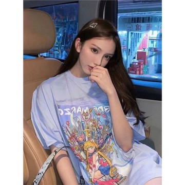 美少女戰士t恤女夏2025歐貨大版上衣寬松中長款半袖純棉卡通短袖