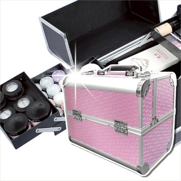 美容美甲美睫#740粉色方格紋防水摺疊雙開化妝箱(單入) [53656]