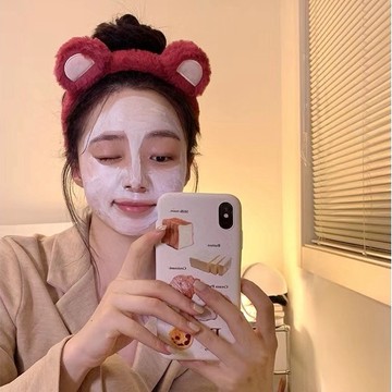 可愛紅色草莓小熊髮箍女 毛絨設計 洗臉專用頭飾 女性髮箍