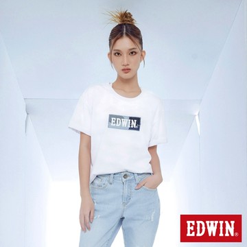 EDWIN 女裝 再生系列 CORE拼布 BOX LOGO短袖T恤-白色
