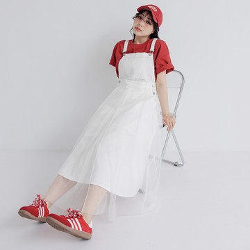 浪漫透紗拼接斜紋棉吊帶洋裝