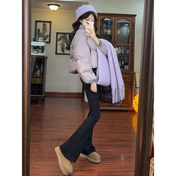 短款超好看紫色羽絨服女秋冬季小個子加厚白鴨絨面包服立領外套潮