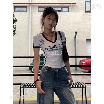 【美式球衣】Glove 辣妹收腰短袖 夏季字母印花 撞色百搭設計 修身顯瘦運動上衣 短袖上衣 上衣短袖 短袖球衣 球衣