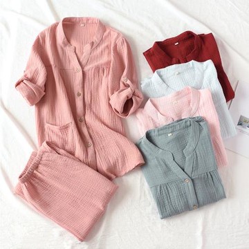 春夏睡衣女v領純棉紗可挽長袖短袖長褲無領開衫2件套裝純色薄款