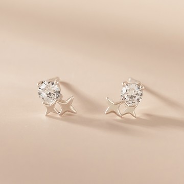 [999足銀]璀璨雙星鑲鑽耳針耳環【SL1071】-銀