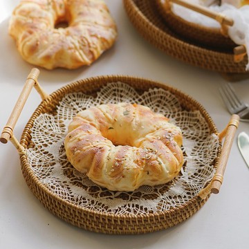 日式越南藤編圓托盤雙耳果盤茶盤侘寂風茶幾裝飾擺件美食攝影道具