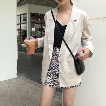 77store 初秋新款女裝寬松顯瘦休閑西服外套純色棉麻薄款西裝