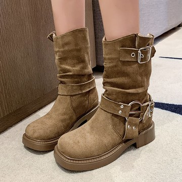 【35-42全尺碼】靴子．街頭百搭絨布皮帶釦厚底中筒靴．白鳥麗子