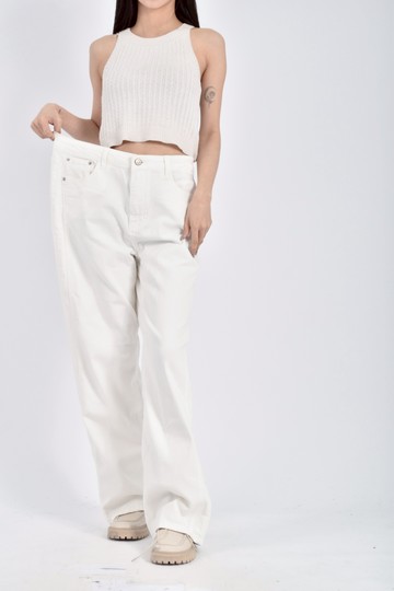 加購優惠(2XL) 高腰丹寧牛仔棉質寬版白色長褲