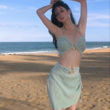 新款純欲性感分體裙式三件套比基尼小胸聚攏溫泉沙灘海島度假泳衣