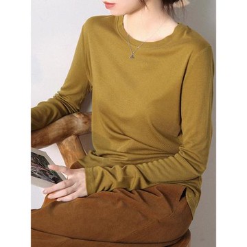 谷家 醋酸羊毛圓領極簡T恤 柔軟舒適長袖垂感彈力打底衫女 26春季