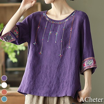 【ACheter】丹麥民族風刺繡棉麻寬鬆上衣 # 109805(現貨+預購)