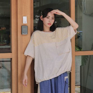 【Dailo】竹節紗拼接上衣 藍 粉 米