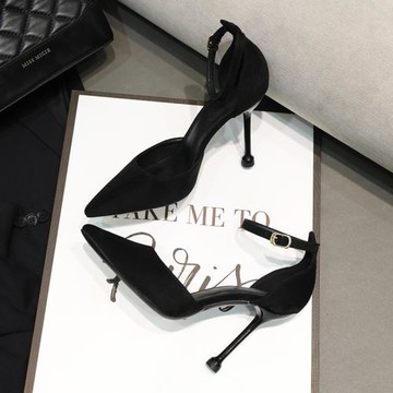 2025年新款春季黑色法式中空少女細跟高跟鞋女網紅尖頭一字扣單鞋