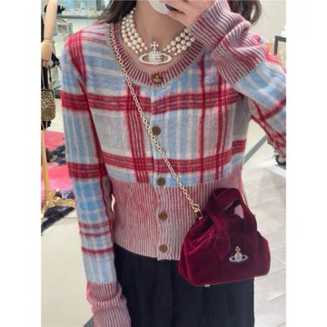 全系列 ~ 秋冬復古撞色格子刺繡土星針織開衫套頭馬甲上衣