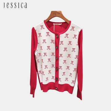 JESSICA - 百搭拼色字母logo圓領長袖針織開衫G42402（桃紅）