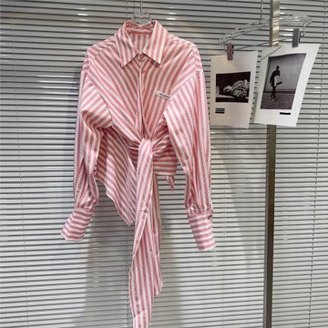 網紅同款2025秋季新款小眾款豎條紋花色扭結綁帶設計辣妹襯衫襯衣