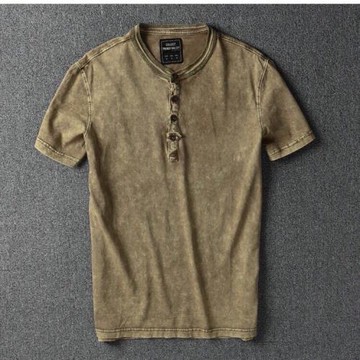 美式復古重水洗做舊短袖T恤男 夏季亨利領男士休閑半袖打底衫男潮