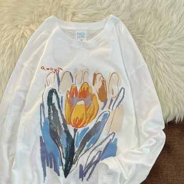 原創小眾 2022春季新款印花寬松慵懶風鹽系少女純棉長袖T恤女上衣