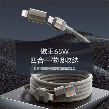 65W 四合一磁吸收納編織快充線 自卷 1 秒收納  高速傳輸線 適用iPhone/iPad/ 安卓/筆電 / 車載