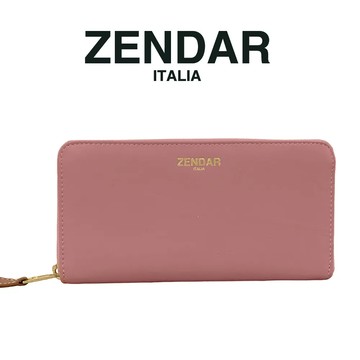 【ZENDAR】限量1折 頂級小羊皮金標拉鍊皮夾 黛安娜系列 全新專櫃展示品 (桃粉色)
