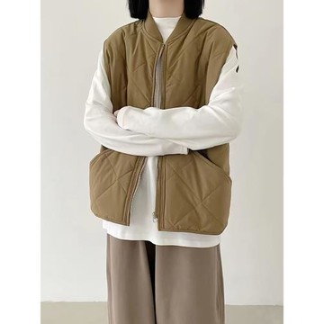 復古休閑工裝棉服馬甲外套女2025新款百搭日系菱格保暖坎肩馬夾潮