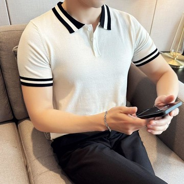 冰絲短袖 針織衫 高端針織冰絲衫男短袖夏季薄款潮流時尚修身商務休閒痞帥恤0605
