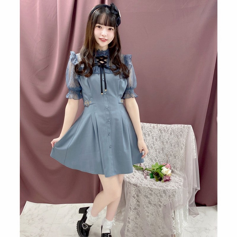ロジータ Rojita 配色レースラッフル切替ワンピース ブルー 通販 Lineポイント最大2 0 Get Lineショッピング