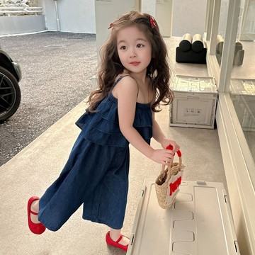 🎀biubiu童裝🎀2023夏季新款女小童套裝小女孩吊帶牛仔闊腿褲寶寶短袖上衣兩件套