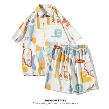 冰絲短袖襯衫男夏季薄款上衣裝搭配一套帥氣花襯衣短褲兩件套裝潮